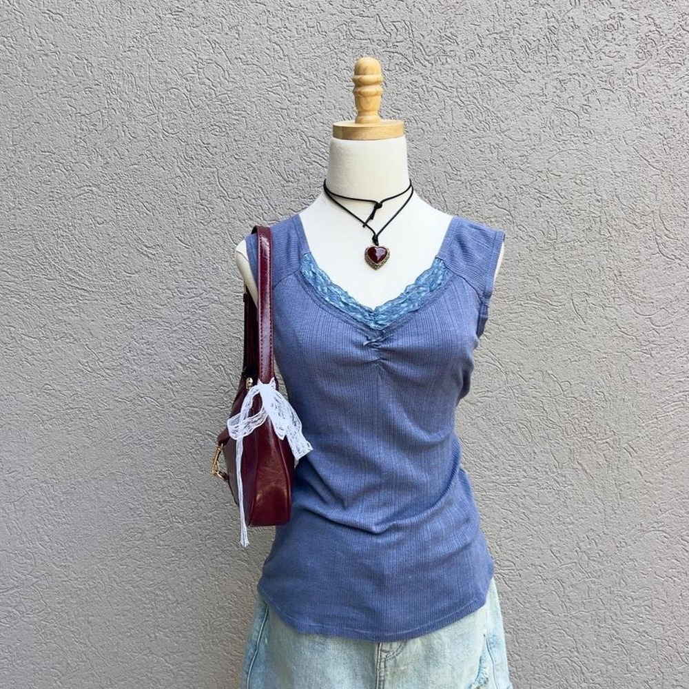 Vintage Y2K No Boundaries Blue Lace Trim Ruched Top Size XL Cottage Preppy